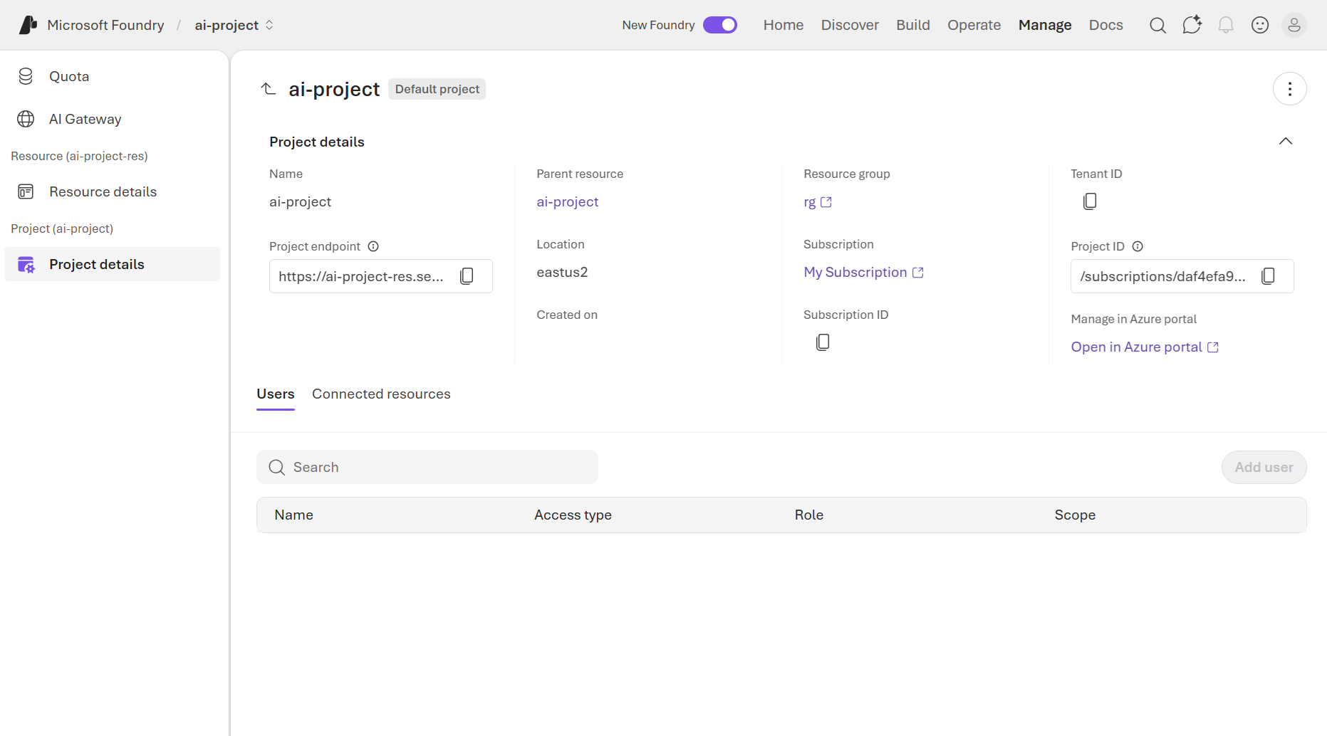 Screenshot of the Manage tab in Foundry portal.