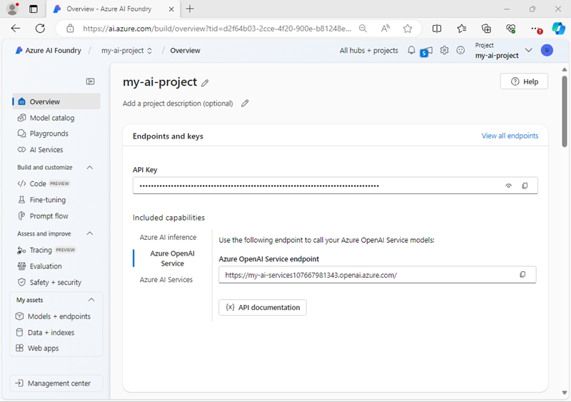 Screenshot of a Azure AI project details in Azure AI Foundry portal.