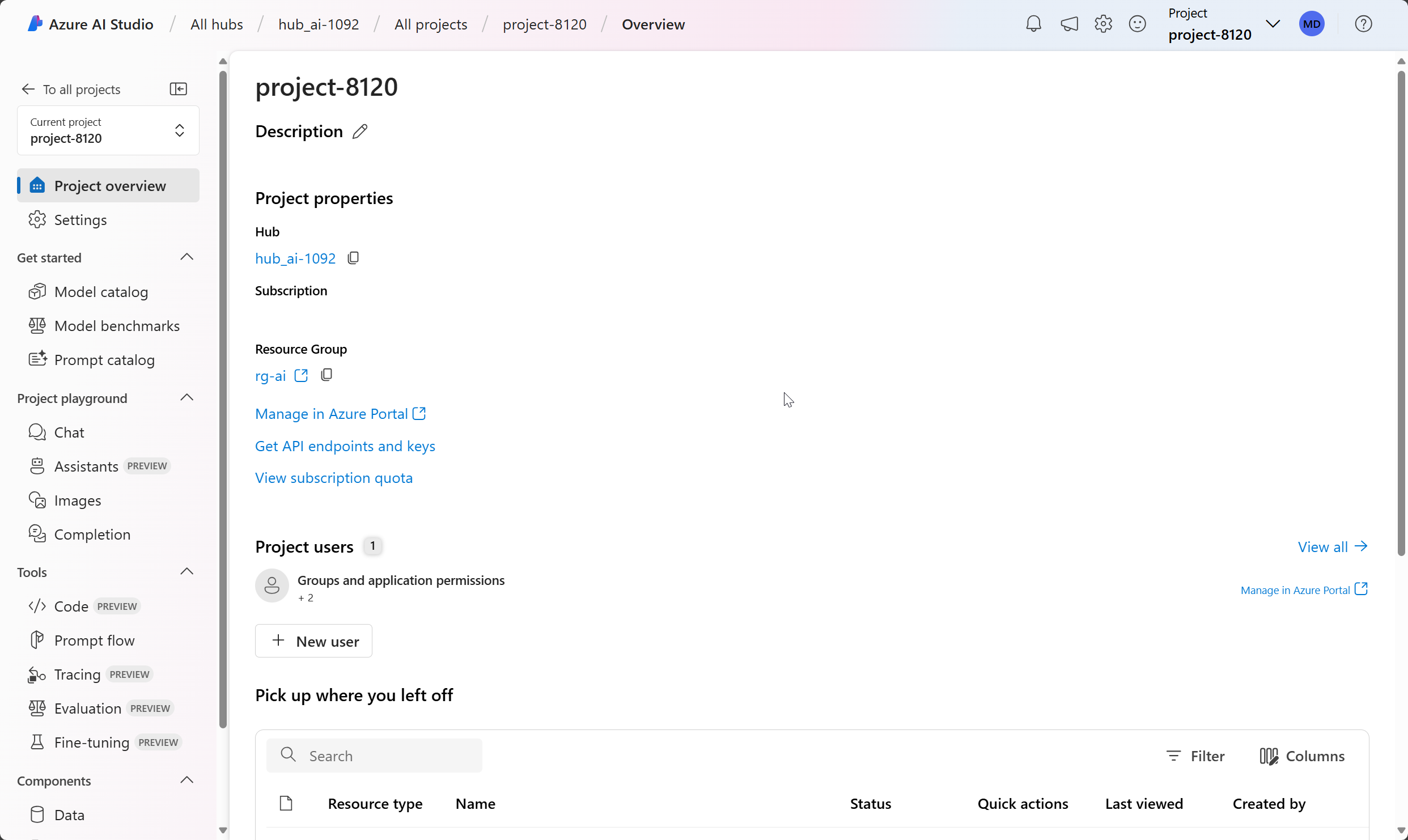 Screenshot of a project details page in Azure AI Studio.