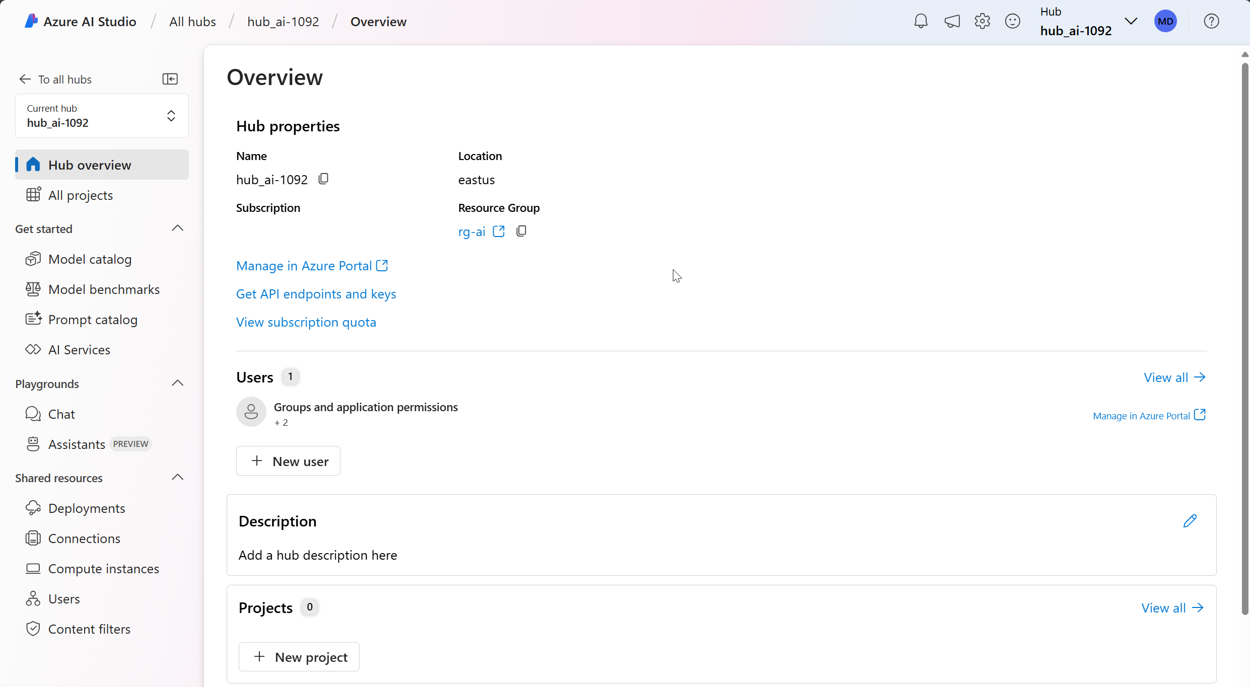 Screenshot of a Azure AI hub details in Azure AI Studio.