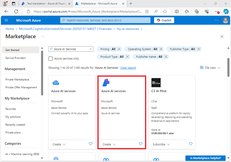 Screenshot of the Azure AI Services resource tile in the Azure portal.