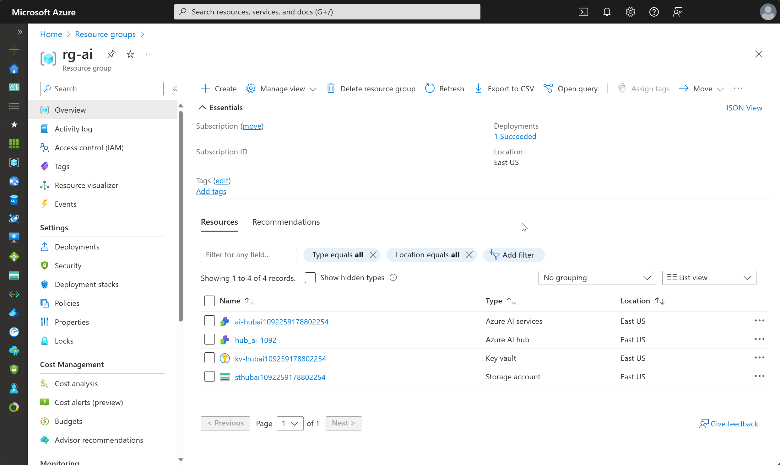 Screenshot of an Azure AI hub and related resources in the Azure portal.