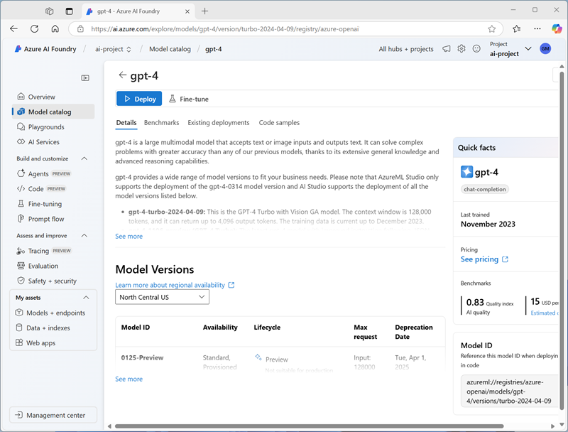 Screenshot of the gpt-4 model details page.