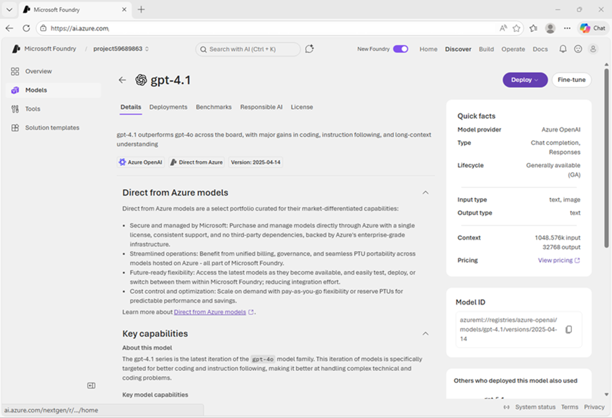 Screenshot of the gpt-4.1 model card.