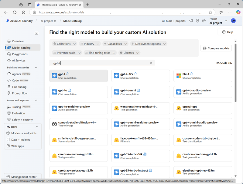 Screenshot of a search for "gpt-4" in the model catalog.