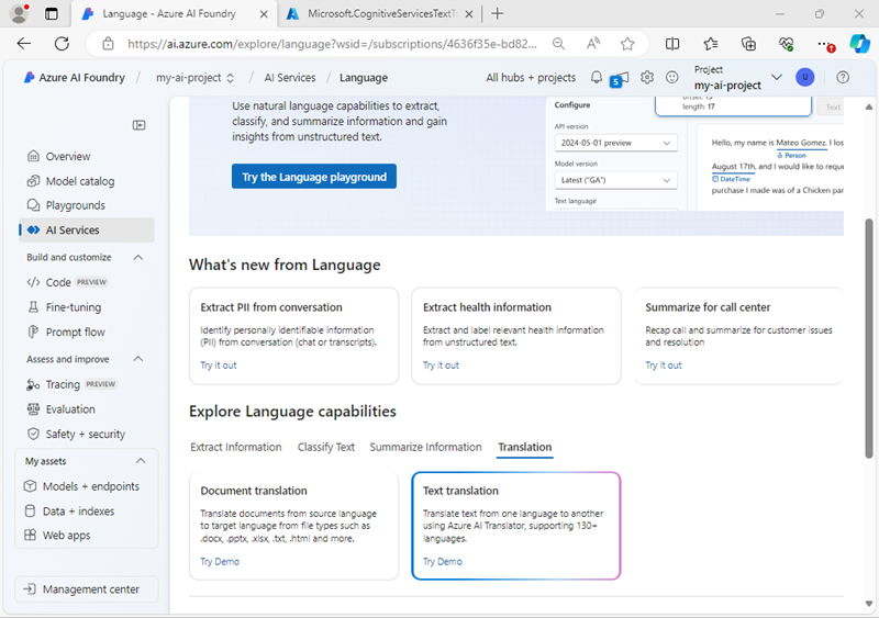 Screenshot of the Text translation tile in Azure AI Foundry portal.