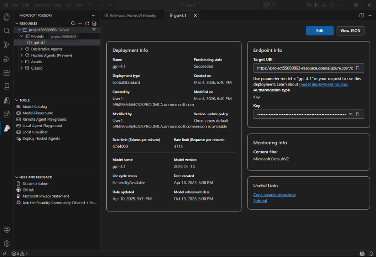 Screenshot of a model in the Microsoft Foundry Visual Studio Code extension.