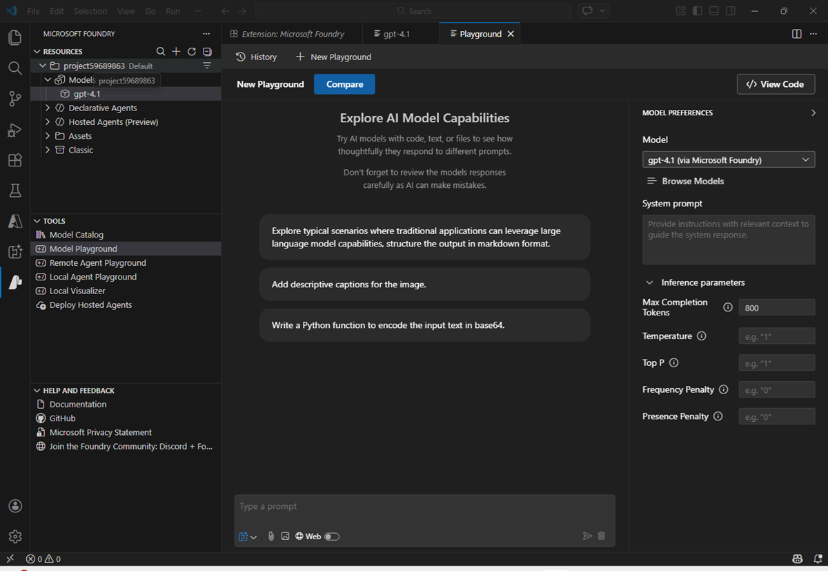 Screenshot of the model playground in Visual Studio Code.