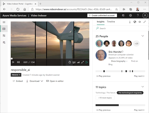ビデオ プレーヤーと [インサイト] ペインを備えた Video Indexer