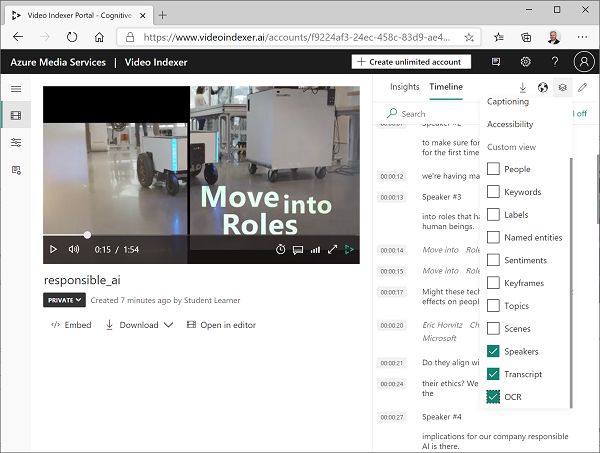 トランスクリプト、OCR、およびスピーカーが選択された Video Indexer メニュー