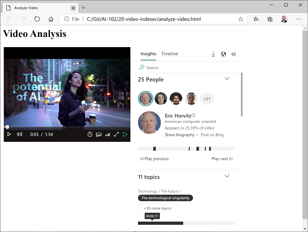 Web ページの Video Indexer ウィジェット