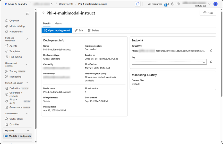 Screenshot of the model deployment page.