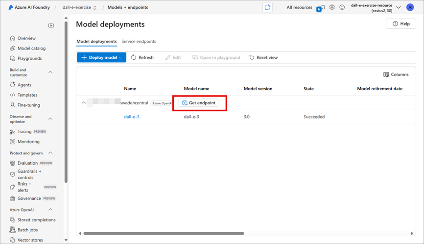 Screenshot showing the location of the Get endpoint button.