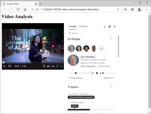 Video Indexer widgets in a web page