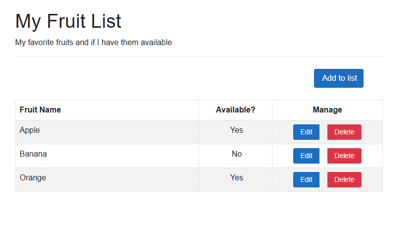 Screenshot of the web app displaying the sample data.