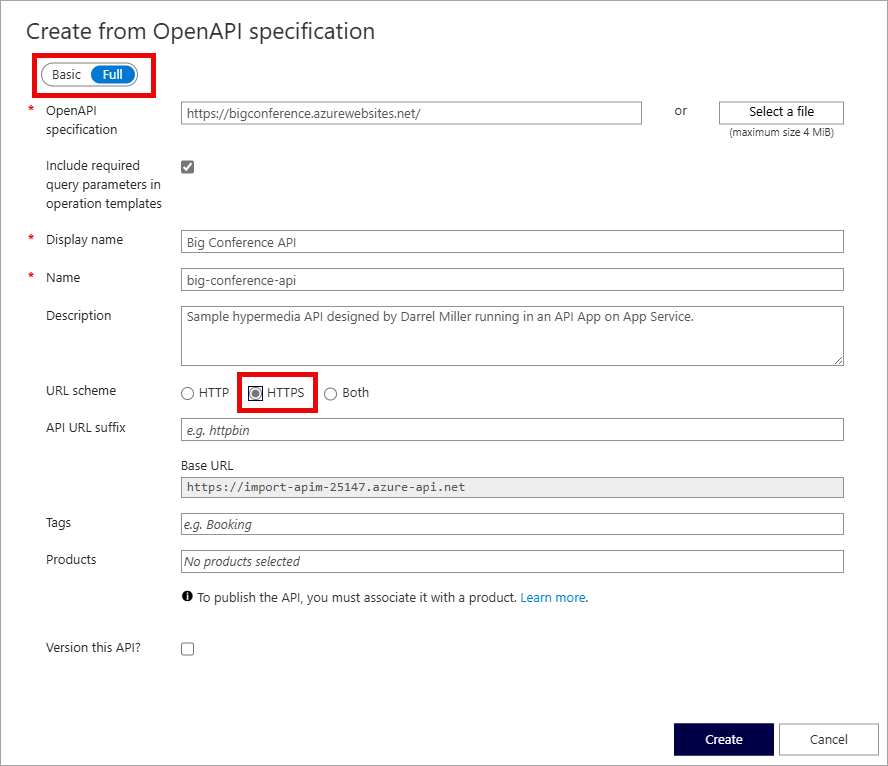 Screenshot of the OpenAPI dialog box. Fields are detailed in the following table.