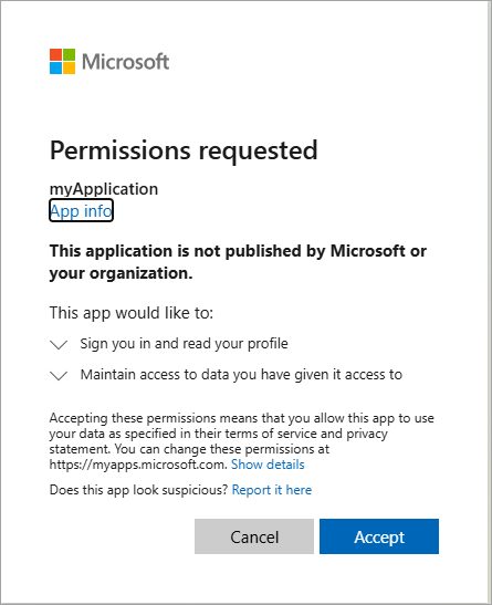 Screenshot showing the permissions requested notification