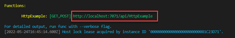 Screenshot of the endpoint of your HTTP-triggered function is displayed in the Terminal panel.
