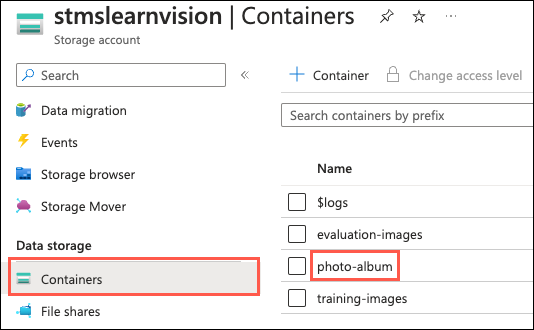 On the Azure Storage Account page, Containers is highlighted and selected in the left-hand navigation menu, and the photo-album container is highlighted in the containers list.