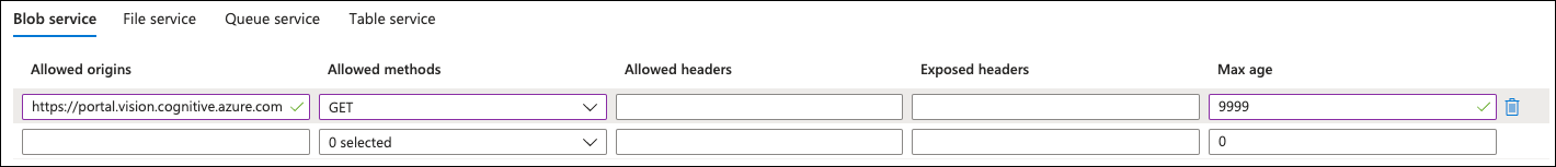 The Azure Storage Account CORS rule configuration is displayed on the Resource Sharing (CORS) page.