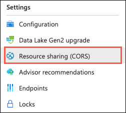 The Resource Sharing (CORS) menu items is highlighted under the Settings header.