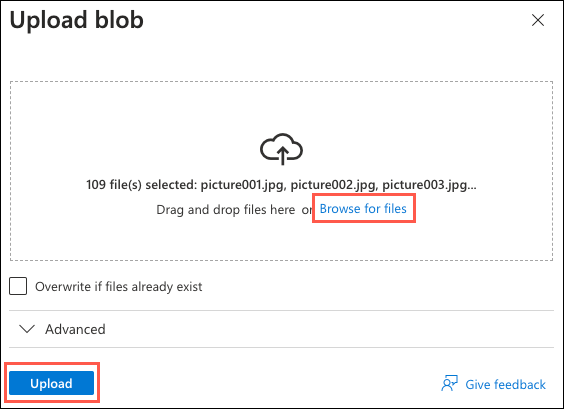 On the Upload blob dialog, Browser for files is highlighted and the Upload button is highlighted.