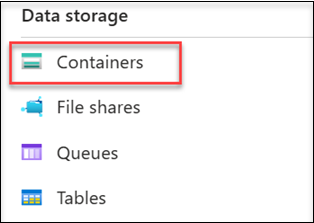 Screenshot of the Data Storage menu header with a red box around the Containers link.