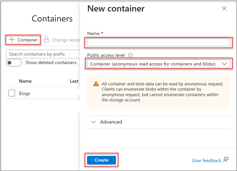 Screenshot of the create a container button on the Containers page.