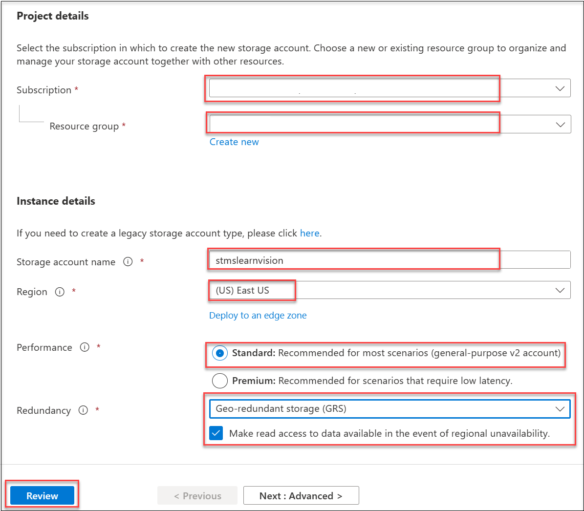 Screenshot of the configuration screen to create a Storage Account.