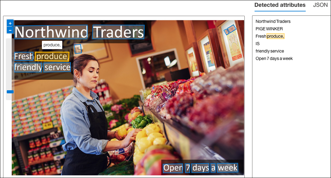 Produce is highlighted in the Detected attributes panel and the associated text is highlighted in the processed image.
