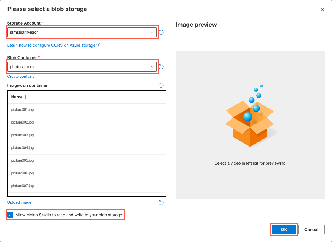 The Please select a blob storage dialog is displayed, with the storage account dropdown, blob container dropdown, and allow Vision Studio to read and write to your blob storage checkbox highlighted.