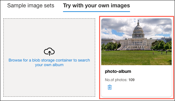 The associated photo-album containing images is displayed and highlighted on the Try with your own images tab.