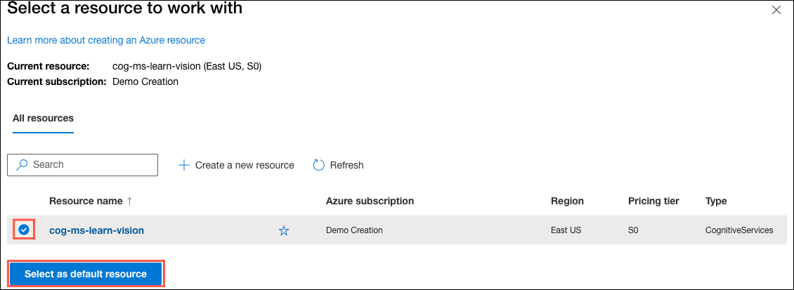 The Select a resource to work with dialog is displayed with the cog-ms-learn-vision-SUFFIX Cognitive Services resource highlighted and checked. The Select as default resource button is highlighted.