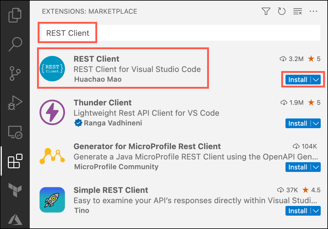 The Visual Studio Code extensions tab is displayed, with REST Client highlighted in the search bar and the REST Client extension highlighted in the search results. The Install button for the extension is highlighted.