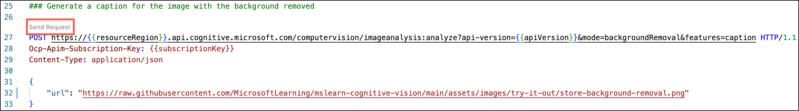 The Send Request link is highlighted in the image-analysis.http file under the Generate a caption for the image with the background removed header.