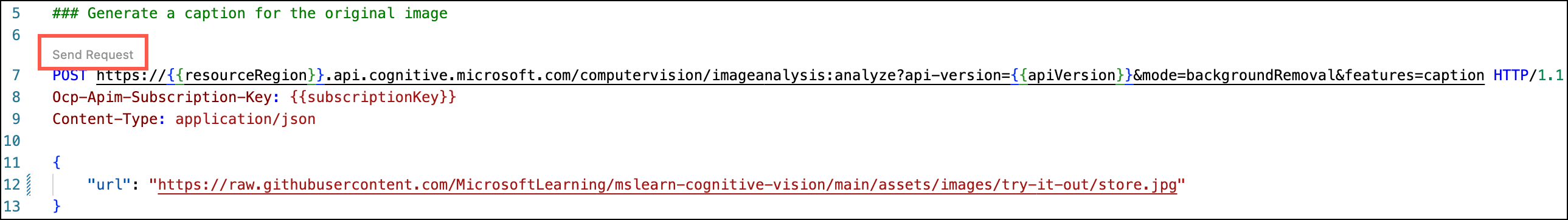 The Send Request link is highlighted in the image-analysis.http file under the Generate a caption for the original image header.