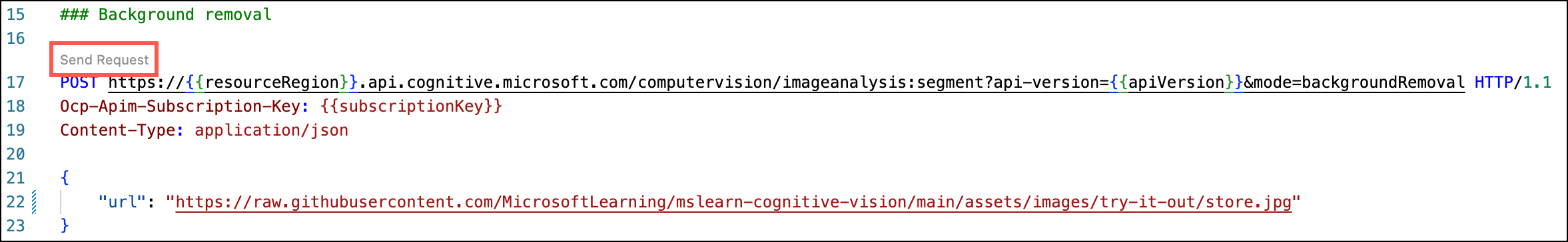 The Send Request link is highlighted in the image-analysis.http file under the Background removal header.