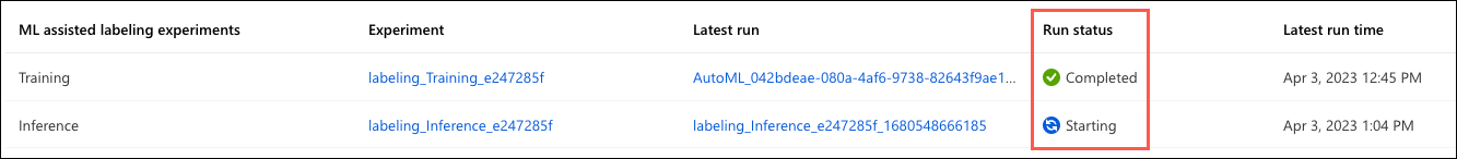 The ML-assisted labeling experiments list is displayed, with the Training experiment showing a status of completed and the Inference project displaying a status of starting.