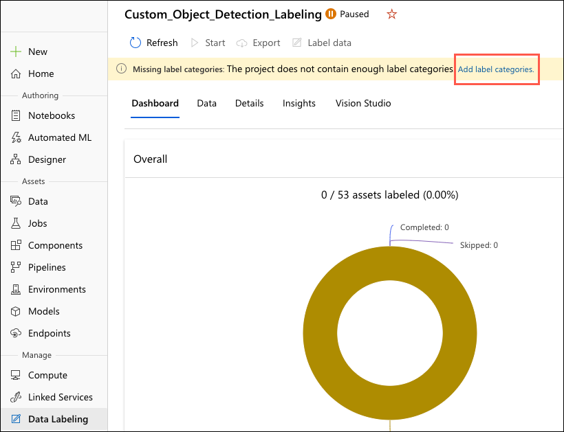 The Add label categories link is highlighted in the warning message in Azure Machine Learning Studio.