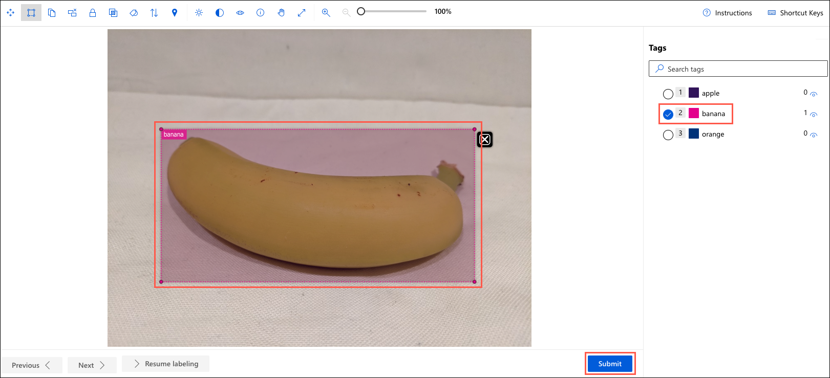 The image labeling dialog is displayed, with banana highlighted and selected under Tags and the bounding box around the banana in the image is highlighted.