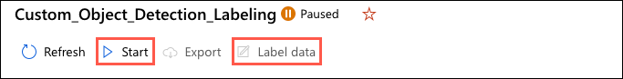 The Start and Label data buttons are highlighted on the Azure Machine Learning data-labeling project toolbar.