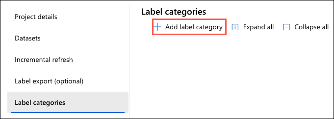 The Add label category button on the Label categories toolbar is highlighted.