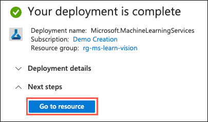 The Go to resource button on the deployment page is highlighted.