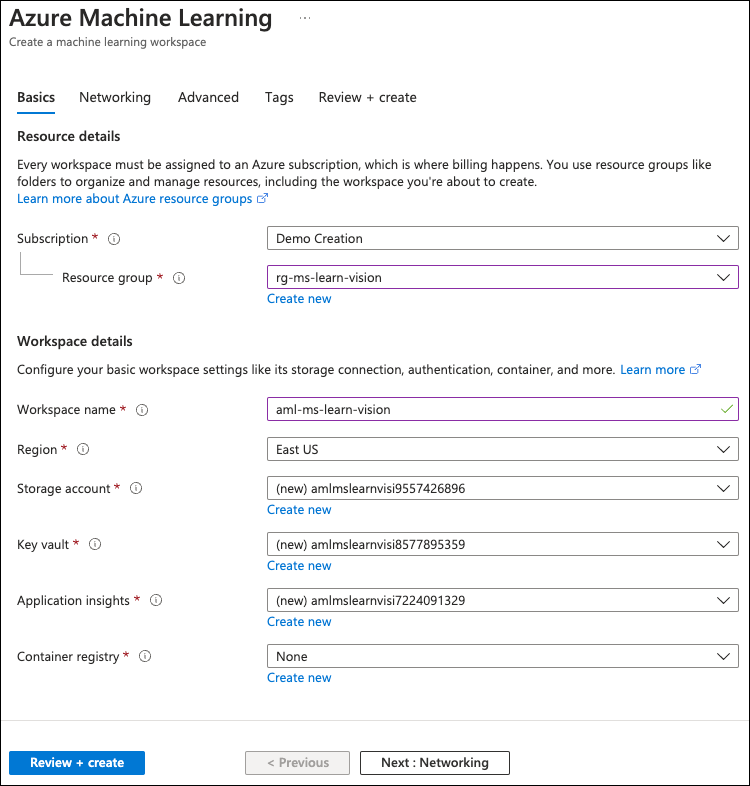 The dialog for creating a new Azure Machine Learning workspace in the Azure portal is displayed, with the values specified above entered into the form.