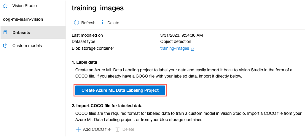 The Create Azure ML Data Labeling Project button is highlighted on the training_images dataset page.