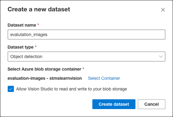 The Create a new dataset dialog is displayed and populated with the values specified above.