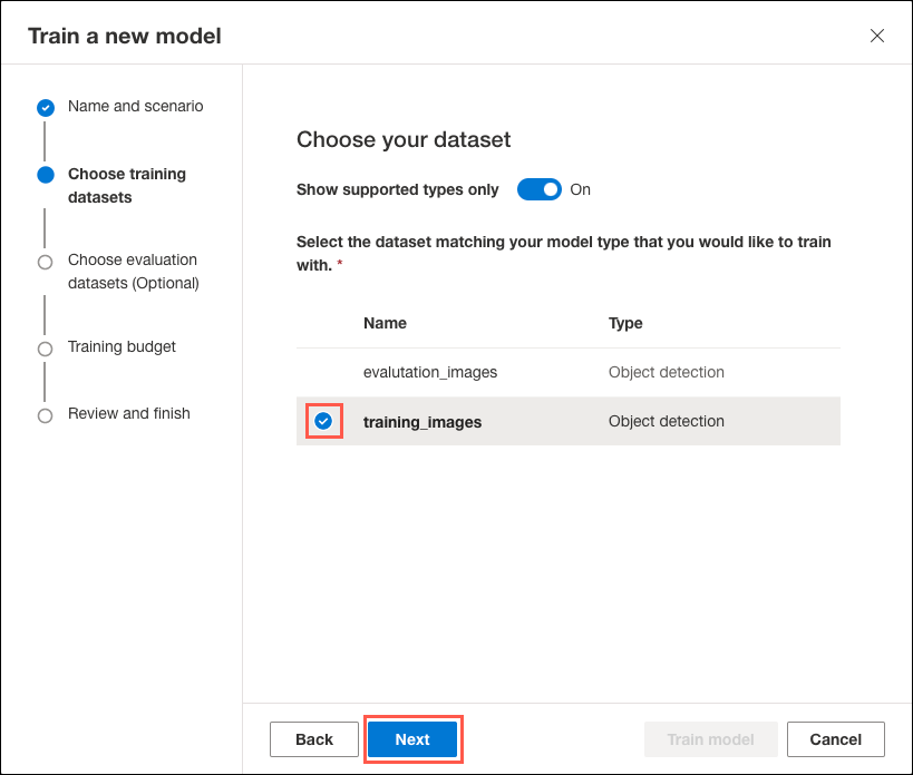 On the Choose training datasets tab of the Train a new model dialog, the checkbox next to the training_images dataset is checked and highlighted. The Next button is highlighted.