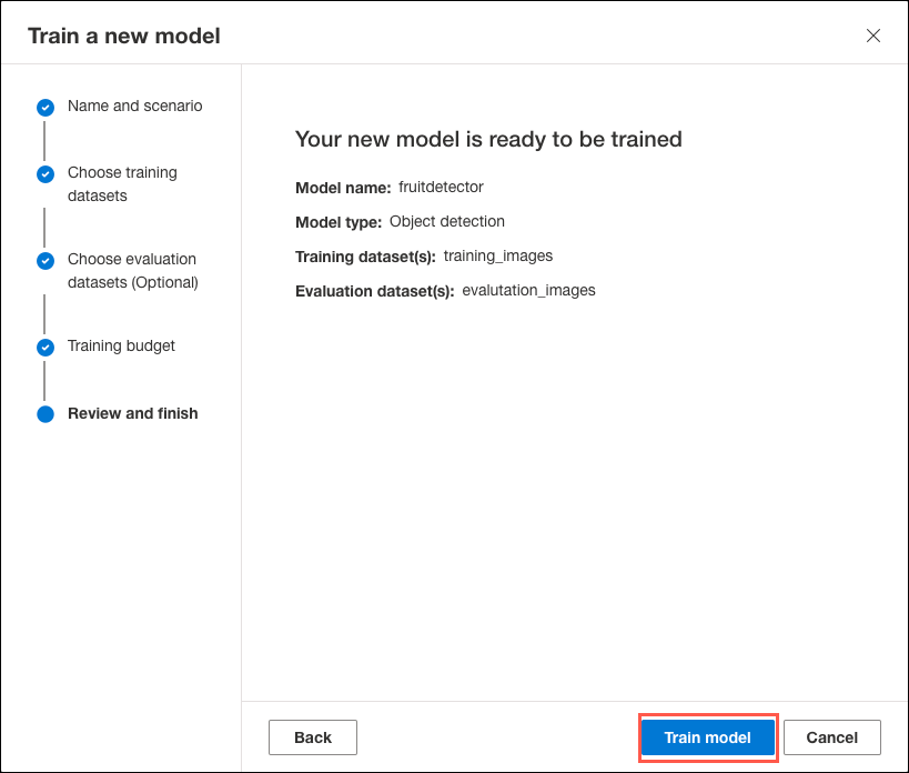 The Train model button is highlighted on the Review and finish tab of the Train a new model dialog.
