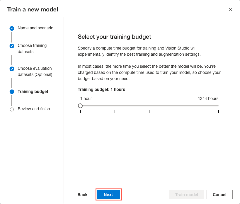 On the Training budget tab of the Train a new model dialog, the training budget is set to one hour. The Next button is highlighted.