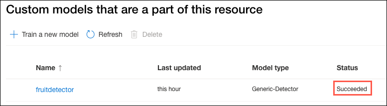 A status of Succeeded is highlighted for the fruitdetector custom model.